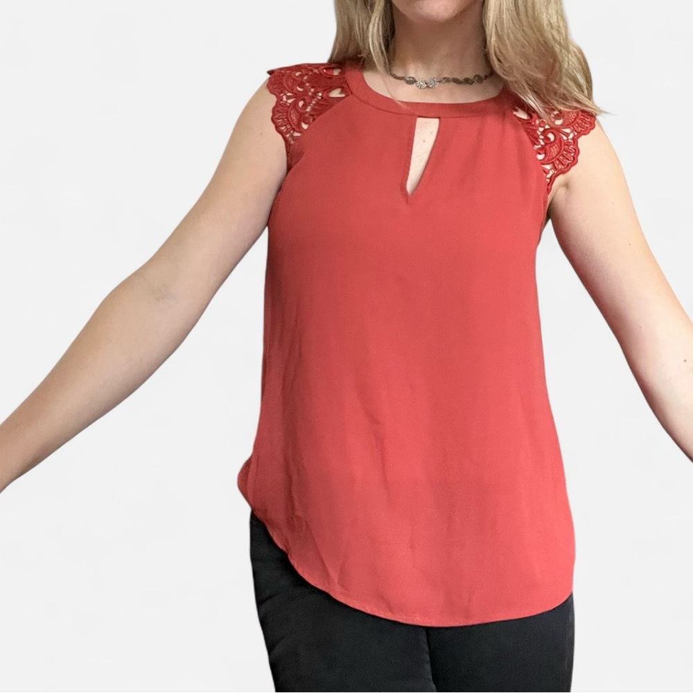 Express Burnt Orange Blouse with Lace Sleeves and Open Back, Size Small
